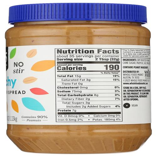 Whole Foods Market, Peanut Butter Spread, Crunchy No Stir, 40 Ounce