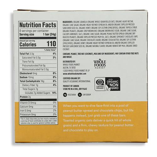 Whole Foods Market Organic Chocolate Chip Peanut Butter Granola Bar, 8 Count