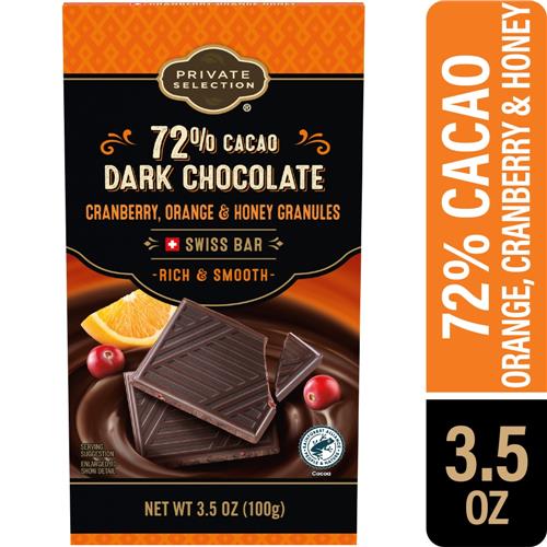 Private Selection Cranberry Orange and Honey 72% Cacao Dark Chocolate Swiss Candy Bar 3.5 oz