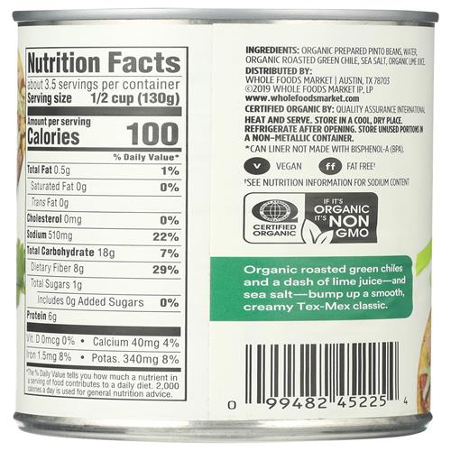 Whole Foods Market, Organic Refried Beans Roasted Chili & Lime, 16 Oz