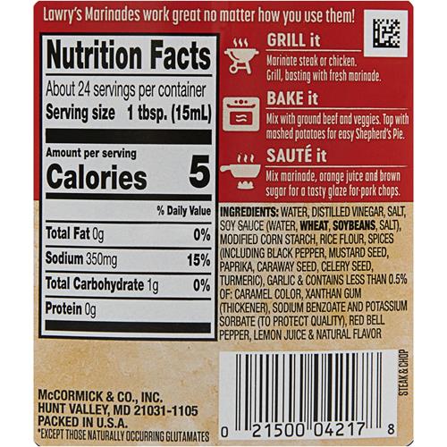 Lawrys Steak & Chop With Garlic & Cracked Black Pepper Marinade, 12 Fl Oz
