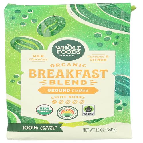 Whole Foods Market, Organic Breakfast Blend Ground Coffee, Light Roast, 12 Ounce