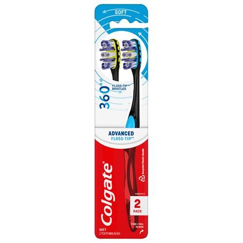 Colgate 360° Advanced Floss-Tip Soft Bristles Toothbrush For Adults, 2 Pack