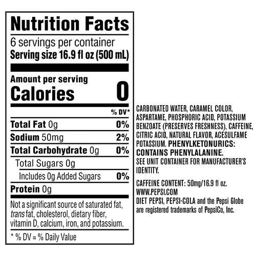 Diet Pepsi Cola Soda Pop, 16.9 Fl Oz Bottles, 6 Pack