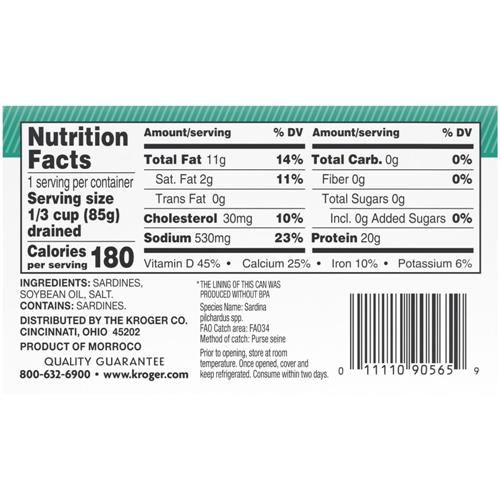 Kroger Skinless & Boneless Sardines in Soybean Oil 4.38 oz