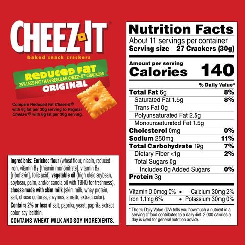 Cheez-It, Baked Snack Cheese Crackers, Reduced Fat Original, Made With 100% Real Cheese, 11.5Oz Box