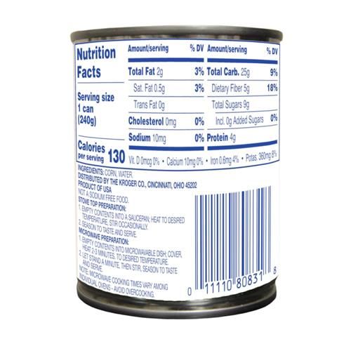 Kroger No Salt Added Whole Kernel Sweet Golden Corn 8.5 oz