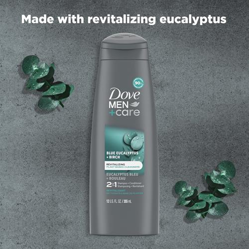 Dove Men + Care 2 In 1 Shampoo & Conditioner Eucalyptus & Birch For Healthy-Looking Hair Naturally Derived Plant Based Cleansers 12 Oz