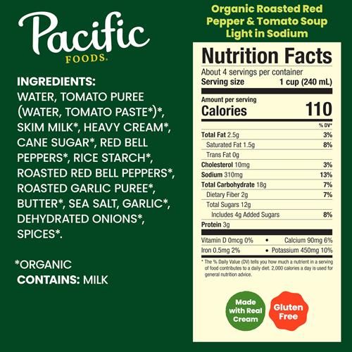 Pacific Foods Light In Sodium Organic Roasted Red Pepper And Tomato Soup, 32 Oz Carton