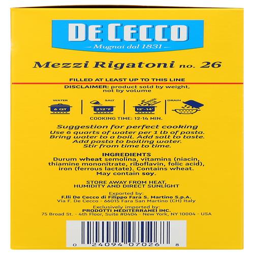 De Cecco Pasta Mezzi Rigatoni, 16 Oz