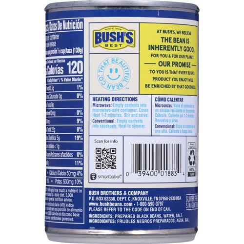 Bushs Best Reduced Sodium Black Beans, Source Of Plant Based Protein And Fiber, Low Fat, Gluten Free, 16 Oz