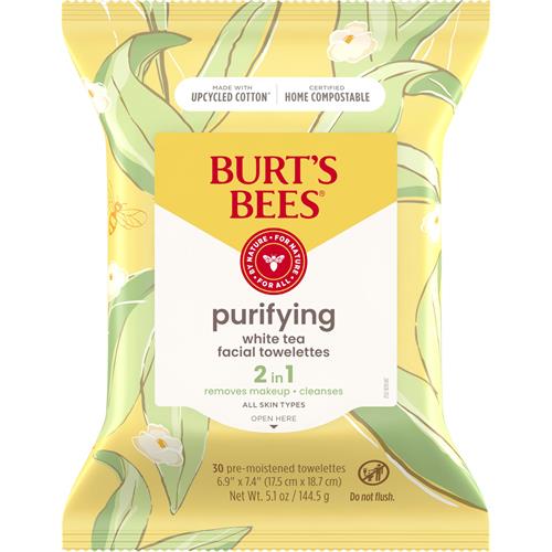 Burts Bees Purifying Facial Towelettes With White Tea, Pre-Moistened Towelettes For All Skin Types, 99.1 Percent Natural Origin Skin Care, 30 Ct. Package