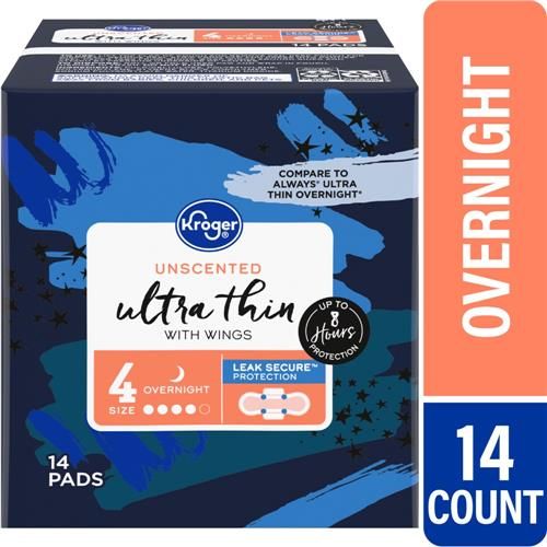 Kroger Ultra Thin Pads with Wings Overnight Size 4 Unscented 14 count