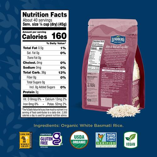 Lundberg Basmati Rice, Organic Long Grain White Rice - Non-Sticky, Fluffy, Nutty, Aromatic Rice, Vegan Food, Healthy Meals, Gluten-Free Rice Grown In California, 64 Oz
