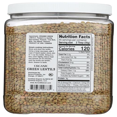 Aurora Products Organic Green Lentils, 56 Oz