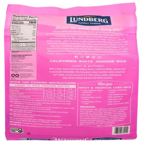Lundberg Family Farms - White Jasmine Rice, Premium Long Grain Bulk Rice, Non-Sticky Texture, California-Grown, Light, Buttery Flavor, Pleasant Aroma, Gluten-Free, Non-Gmo, Vegan, Kosher (10Lb) -