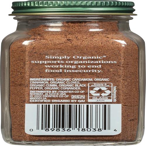Simply Organic Garam Masala, 3-Ounce Jar, Northern Indian Spice Blend, Richly Spicy But Not Hot, Kosher, Non Eto