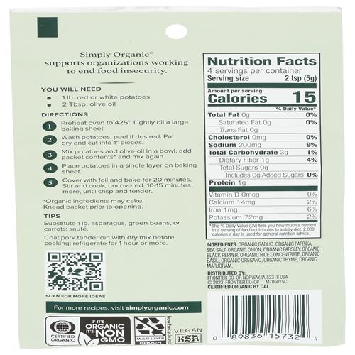 Simply Organic Garlic & Herb Vegetable Seasoning Mix, Certified Organic, Vegan | 0.71 Oz