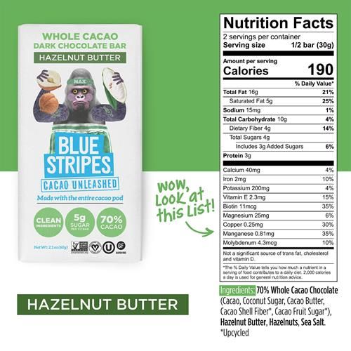 Blue Stripes Whole Cacao Hazelnut Butter Chocolate Bar, 2.1 Oz