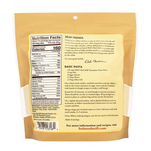 Bobs Red Mill Semolina Pasta Flour, 24Oz (Pack Of 1) - Vegan, Kosher