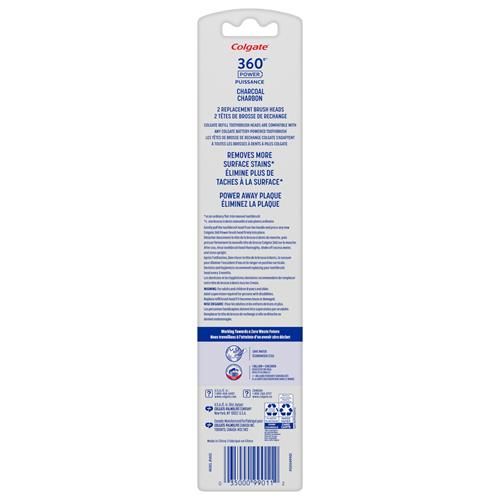 Colgate 360 Power Charcoal Replacement Toothbrush Heads, Works With Any 360 Battery Toothbrush, Features Soft Bristles And A Rubber Polisher On Each Replacement Head, 2 Pack