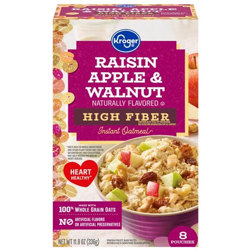Kroger Raisin Apple & Walnut High Fiber Instant Oatmeal 8 ct