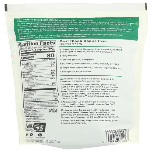 Whole Foods Market, Organic Black Beans, 16 Ounce