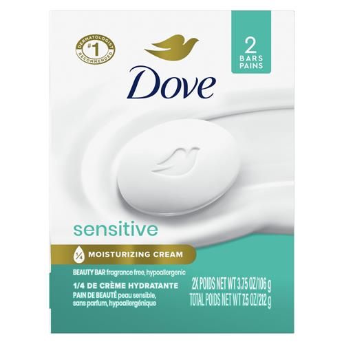 Dove Beauty Bar Soap Sensitive 2 Count For Sensitive Skin, Fragrance Free And Hypoallergenic 3.75 Oz