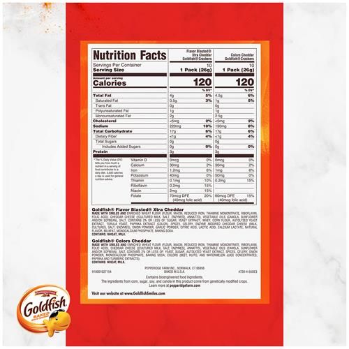 Goldfish Dynamic Duo Variety Pack, Colors Cheddar & Flavor Blasted Xtra Cheddar, Snack Packs, 20 Ct
