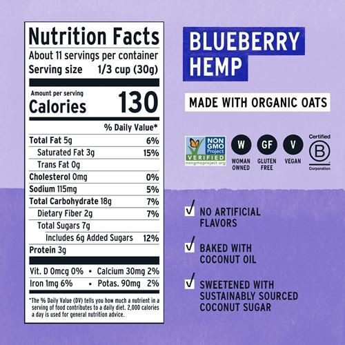 Purely Elizabeth Ancient Grain Granola Certified Glutenfree Vegan Nongmo Coconut Sugar Delicious Healthy Snack , Blueberry Hemp, 12 Ounce
