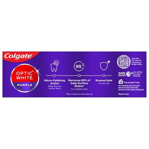 Colgate Optic White Purple Toothpaste For Teeth Whitening, Helps Remove Surface Stains And Polishes Teeth, Enamel-Safe Mint Paste, 4.2 Oz