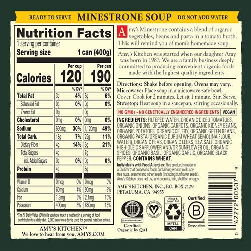 Amy’S Soup, Vegan Minestrone, Low Fat, Made With Organic Vegetables, Beans And Pasta In Tomato Broth, Canned Soup, 14.1 Oz