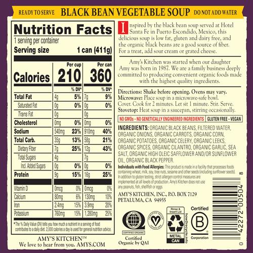 Amy’S Soup, Vegan Black Bean Vegetable Soup, Low Fat, Gluten Free, Made With Organic Vegetables, Canned Soup, 14.5 Oz