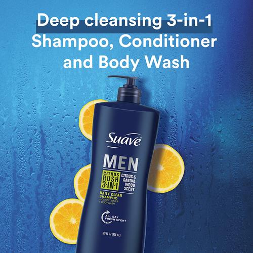 Suave Men 3-In-1 Shampoo Conditioner Body Wash Citrus Rush For Gentle Cleansing And Conditioning Mens Shampoo 3 In 1 Formula With Keratin And Glycerin 28 Oz
