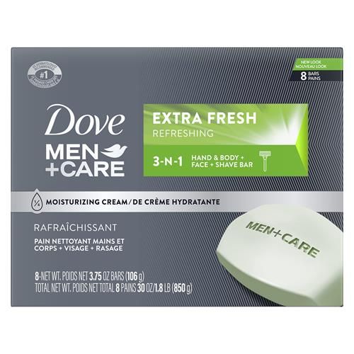 Dove Men+Care 3 In 1 Bar Cleanser For Body, Face, And Shaving To Clean And Hydrate Skin Extra Fresh Body And Facial Cleanser More Moisturizing Than Bar Soap 3.75 Oz 8 Bars