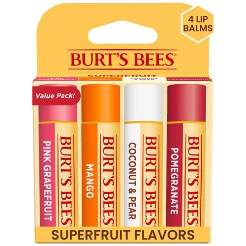 Burts Bees Lip Balm - Pink Grapefruit, Mango, Coconut & Pear, And Pomegranate Pack, Lip Moisturizer With Beeswax, Tint-Free, Natural Origin Conditioning Treatment, 4 Tubes, 0.15 Oz.