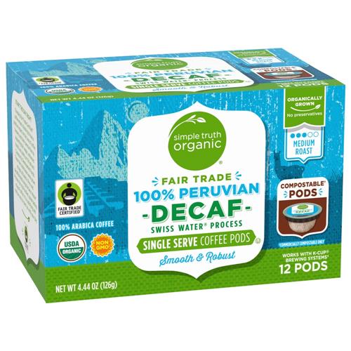 Simple Truth Organic Decaf 100% Peruvian Medium Roast Coffee Pods 12 ct
