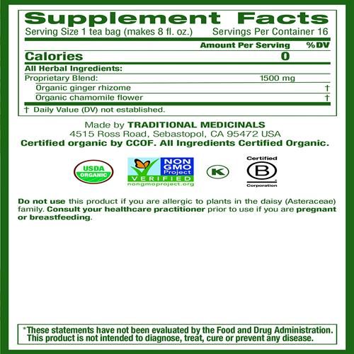 Traditional Medicinals Organic Ginger & Chamomile Herbal Tea, Relieves Occasional Indigestion Or Nausea, (Pack Of 1) - 16 Tea Bags