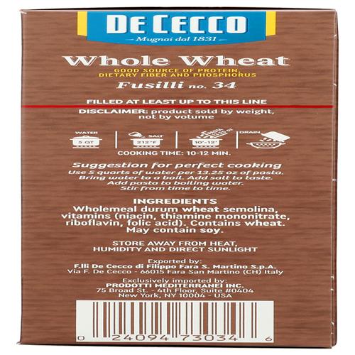 De Cecco Pasta Fusilli Whole Wheat, 13.25 Oz