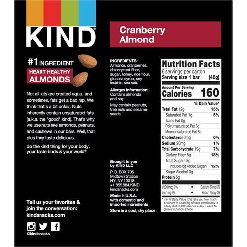 Kind Nut Bars, Cranberry Almond, Healthy Snacks, Good Source Of Fiber, Gluten Free, 5G Protein, 6 Count