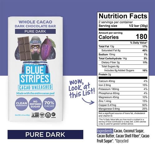 Blue Stripes Pure Dark Chocolate Bar, 2.1 Oz