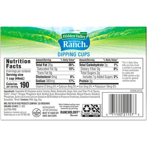 Hidden Valley Original Ranch Dipping Cups, Topping And Dressing To Go Cups, 1.5 Ounces Each, 8 Count (Package May Vary)
