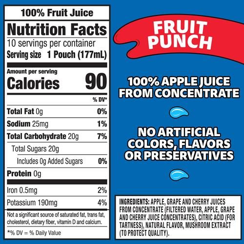 Capri Sun 100% Juice Fruit Punch Flavored All-Natural Juice Blend From Concentrate With Added Ingredients And Other Natural Flavors, 10 Ct Box, 6 Fl Oz Pouches