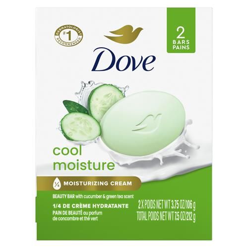 Dove Beauty Bar Soap Cool Moisture Cucumber & Green Tea Scent, 2 Bars For Refreshed Skin, Leaves Skin Refreshed 3.75 Oz