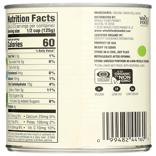 Whole Foods Market, Organic Sweet Peas No Salt Added, 15 Oz
