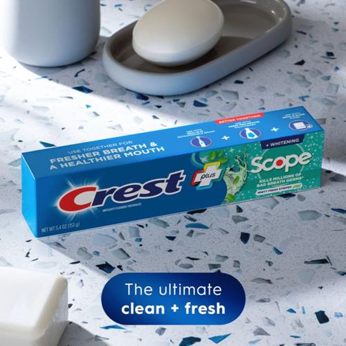 Crest + Scope Whitening Toothpaste, 5.4 Oz Tubes - Anticavity Fluoride Toothpaste, Fresh Breath, Kills Germs - Tartar Protection, Enamel Protection - Minty Fresh Flavor
