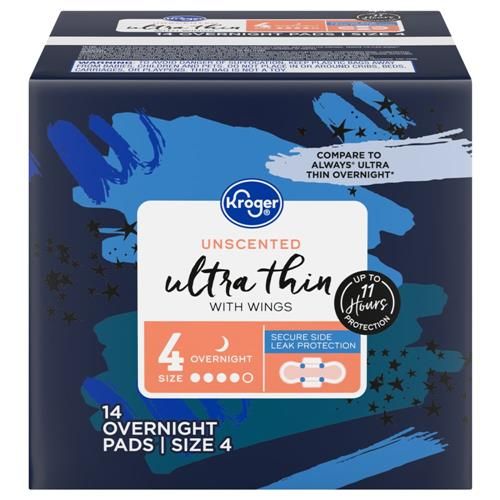 Kroger Unscented Ultra Thin Overnight Pads with Wings Size 4 14 ct