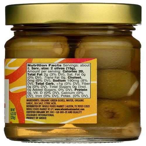 Whole Foods Market, Organic Garlic Stuffed Olives, 4.23 Oz