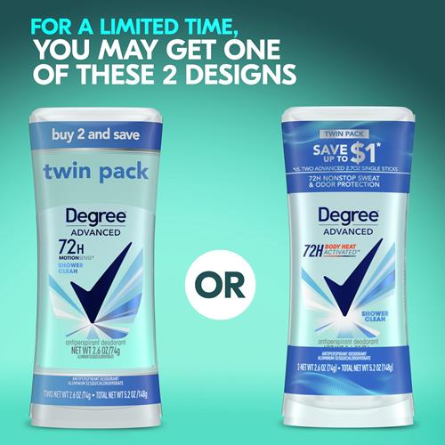 Degree Antiperspirant Deodorant Shower Clean Twin Pack 72-Hour Sweat & Odor Protection Antiperspirant For Women With Body Heat Activated Technology 2.6 Oz
