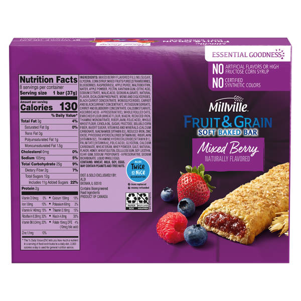 Millville Mixed Berry Fruit and Grain Cereal Bars, 8 count